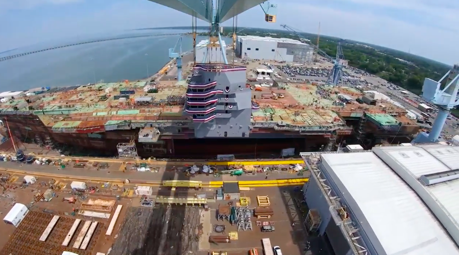 The US Navy's future John F. Kennedy (CVN 79) aircraft carrier reached a key milestone on May 29, when the island house was lowered onto the nuclear-powered aircraft carrier at the Huntington Ingalls Industries Newport News Shipbuilding division.