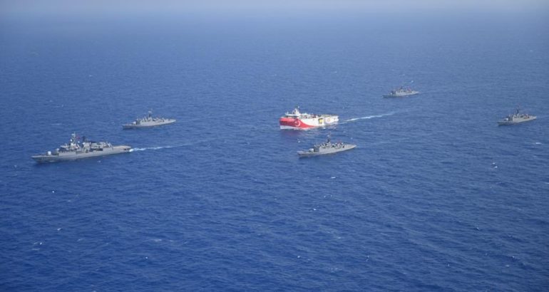 Turkish seismic research vessel Oruc Reis is escorted by Turkish Navy ships