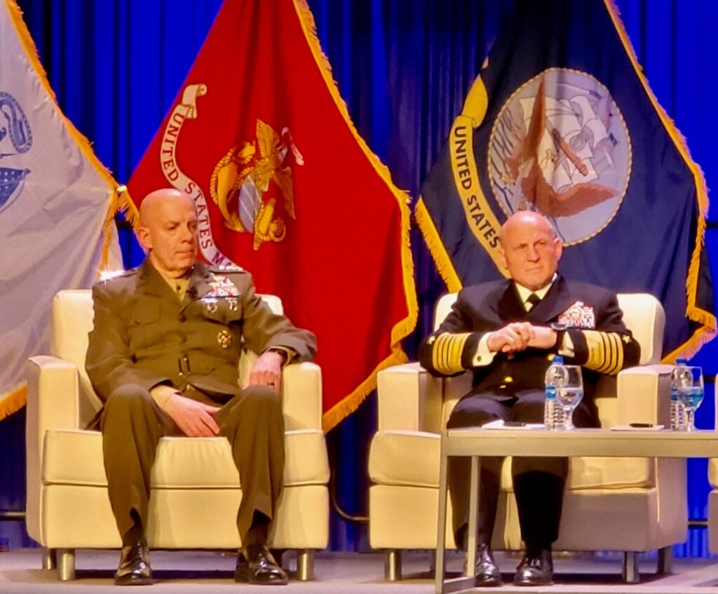 Marine Corps Commandant Gen. David Berger and Chief of Naval Operations Adm. Mike Gilday speaking at WEST 2022 on Feb. 18, 2022.