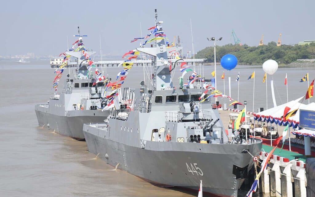 Two ASW corvettes docked for their commissioning within the Myanmar Navy.